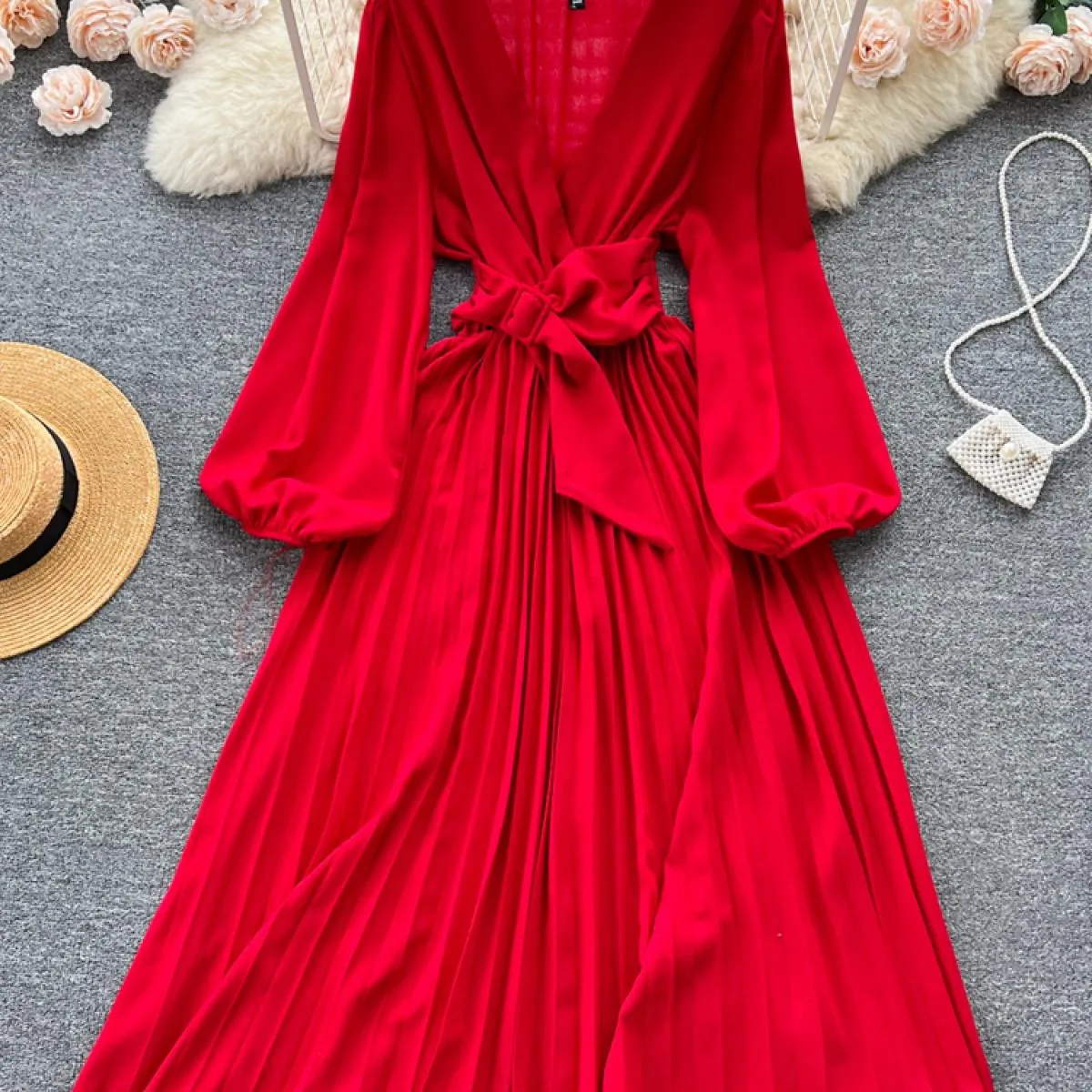 Abito longuette a pieghe vintage da donna autunno elegante scollo a V manica lunga drappeggiato vestido a vita alta una linea ab