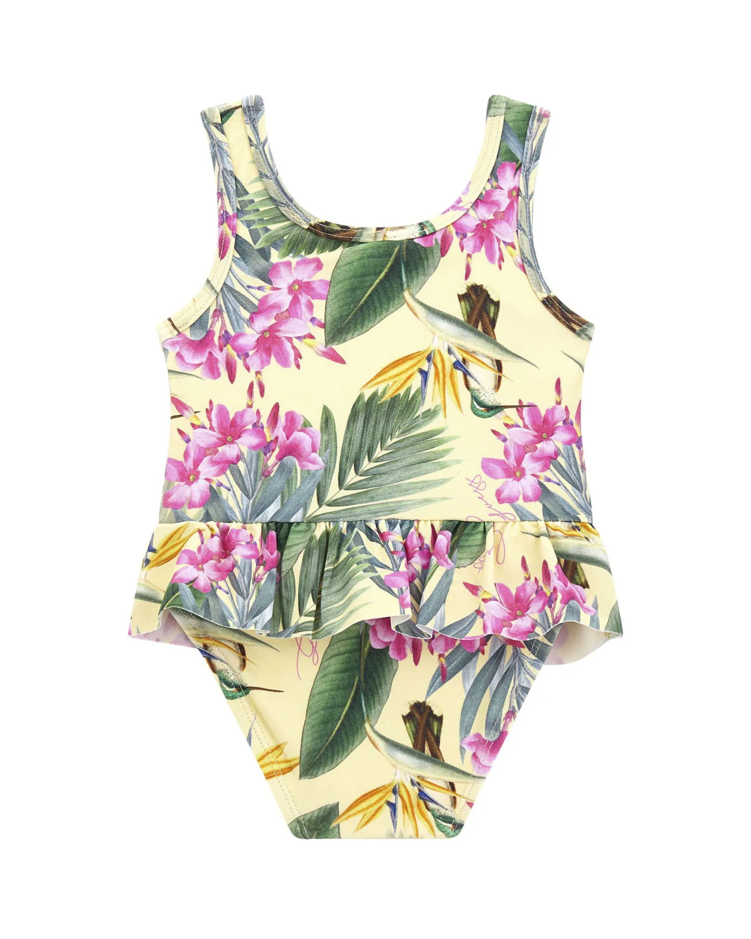 Costume intero giallo in tessuto stretch con balza e stampa jungle all-over 9-24 mesi