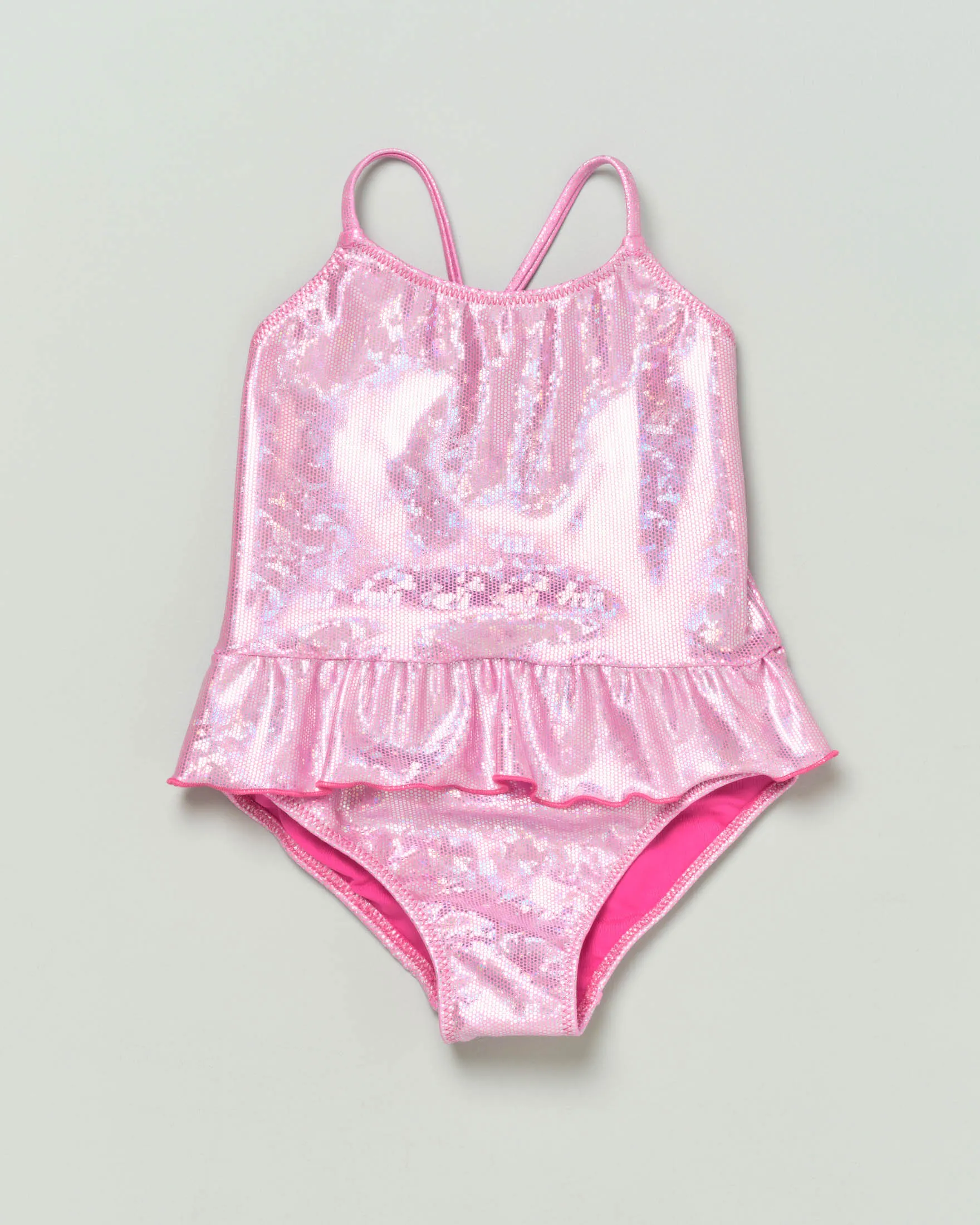 Costume intero rosa in tessuto stretch laminato con volant 12-36 mesi