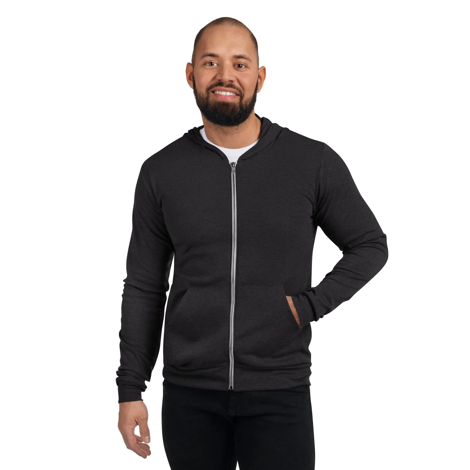 Felpa unisex con cappuccio e zip con pozione sulla schiena