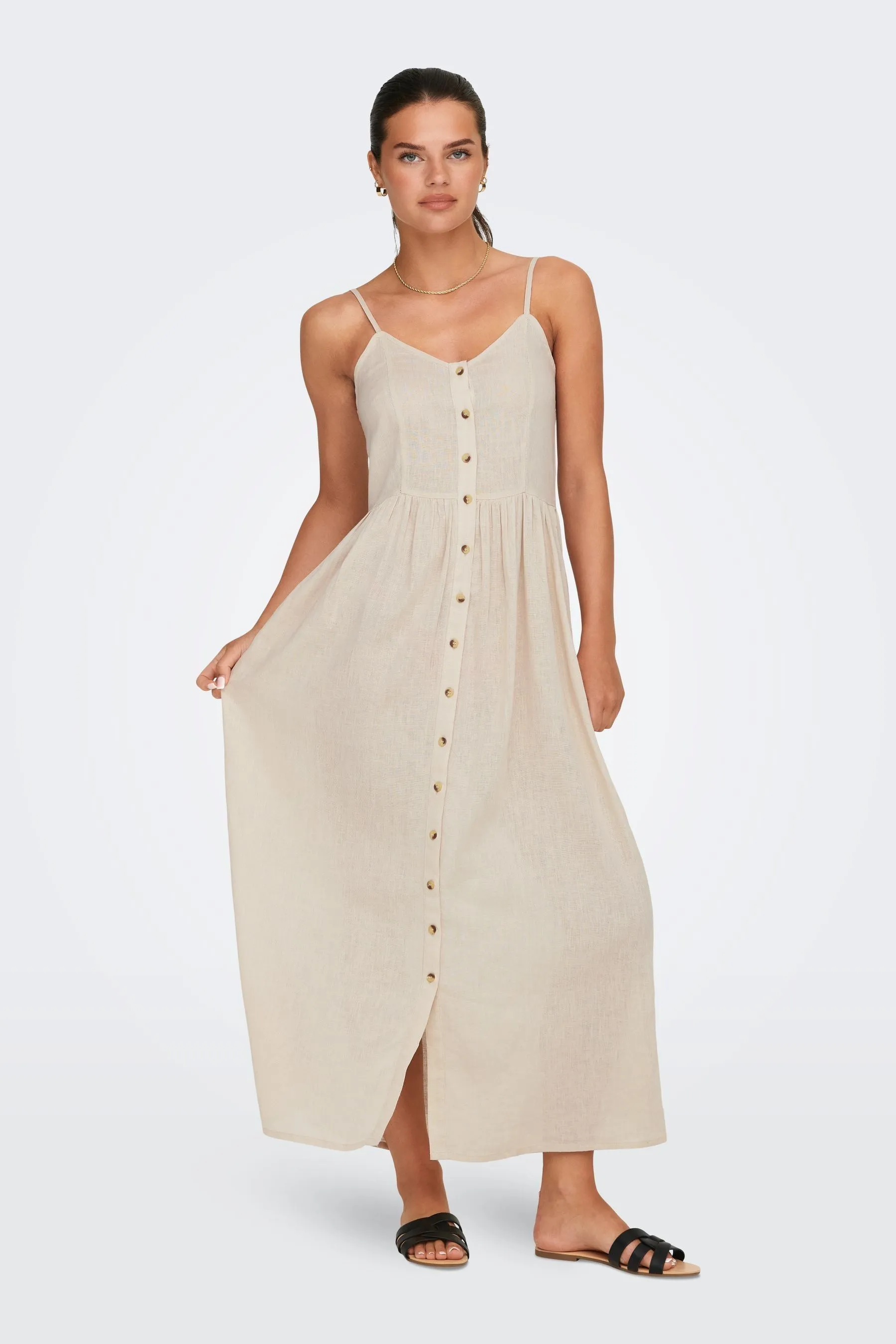 ONLY - Abito midi in Blend di lino con spalline e bottoni sul davanti