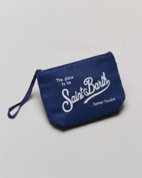 Pochette Aline blu in lino con scritta logo bianca stampata