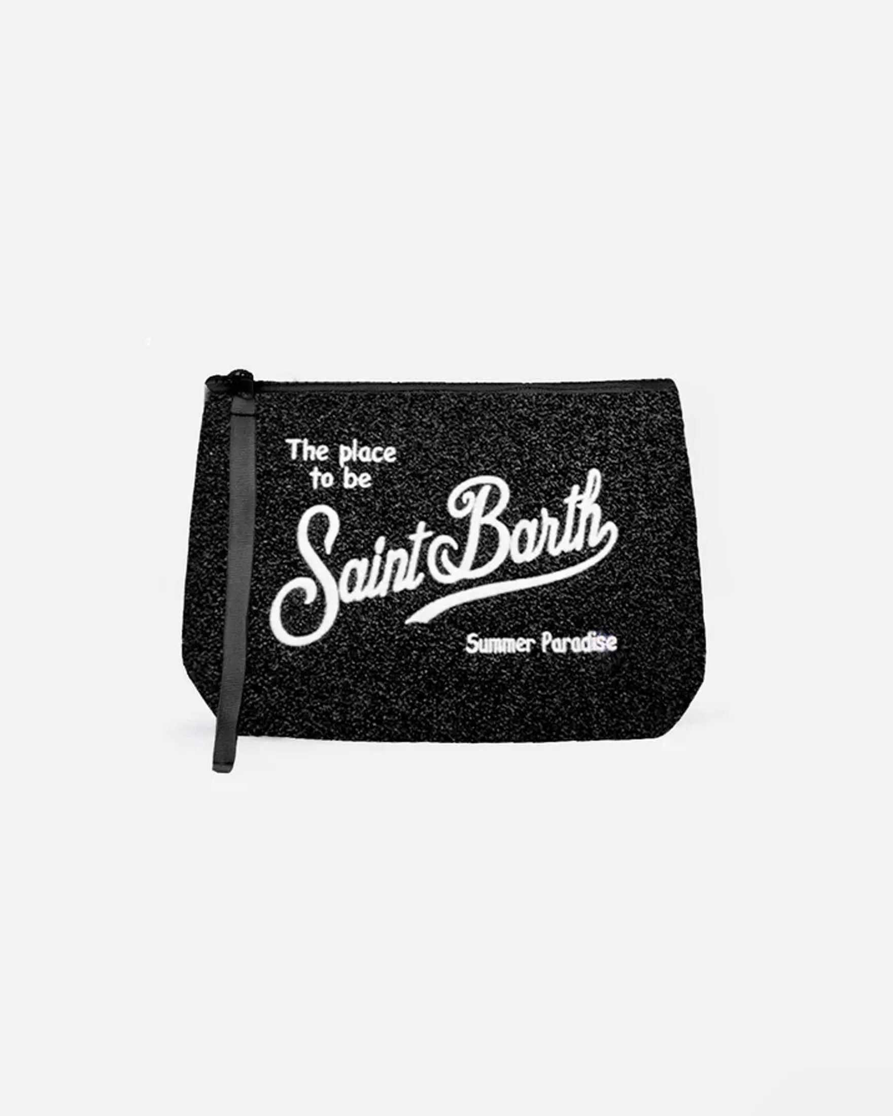 Pochette Aline nera in scuba con lurex e scritta logo bianca