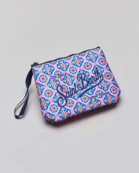 Pochette rosa in neoprene a fantasia maioliche blu royal