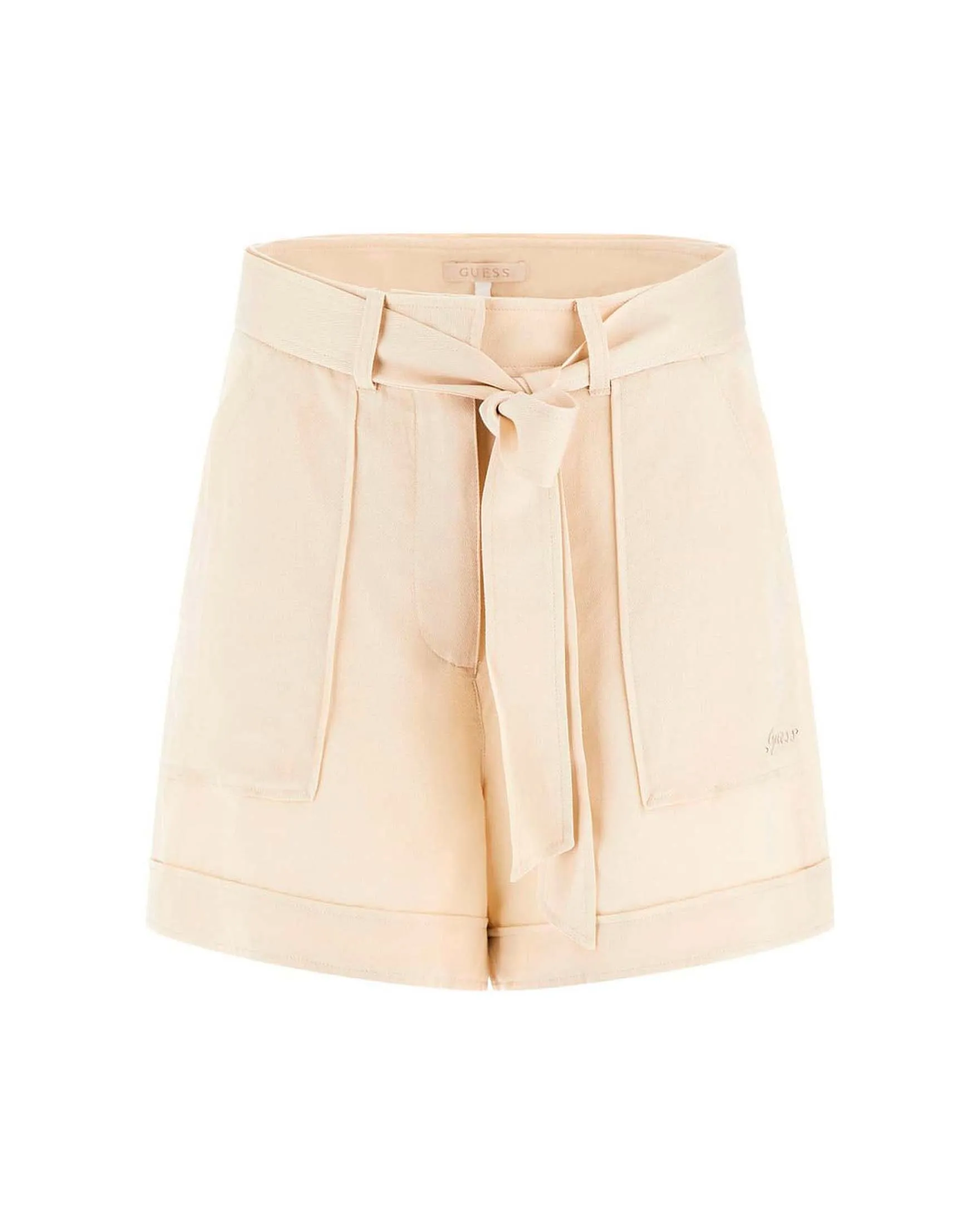 Shorts a vita alta avorio in tencel dalla linea svasata con fusciacca in vita e tasche lavoro frontali