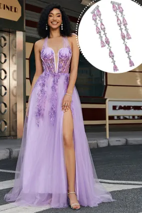 Splendido A Line Halter Scollo Grigio Corsetto Viola Applicazioni vestito da ballo Con Set Di Accessori