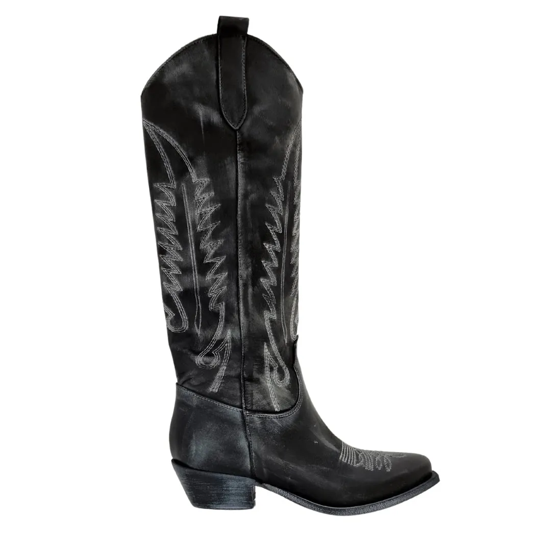 Stivali texani al ginocchio con ricamo tacco basso pelle nero vintage F/W