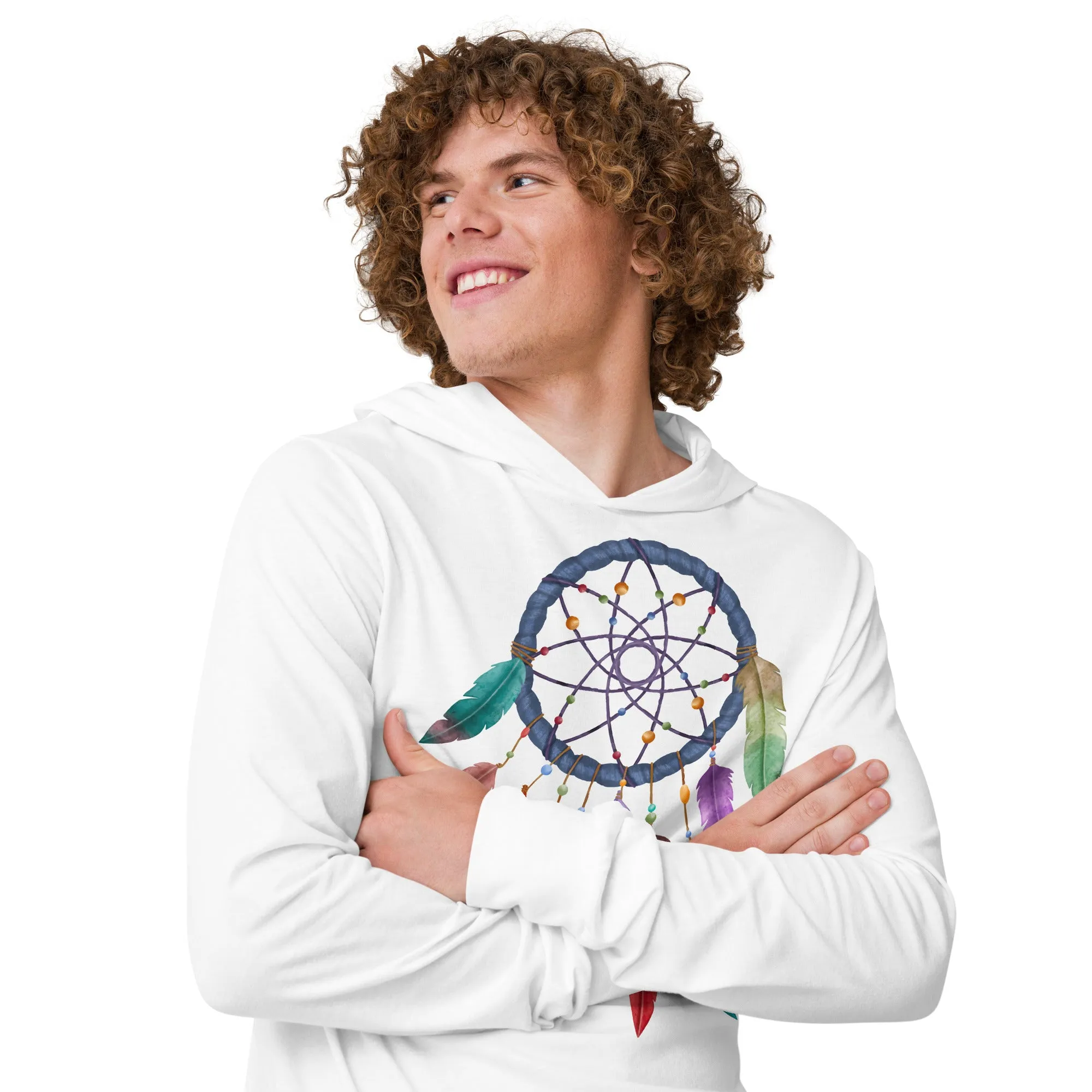 T-shirt unisex a maniche lunghe con cappuccio e acchiappasogni