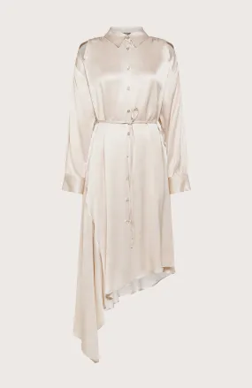 Vestito chemisier asimmetrico con spacchetti sulle spalle